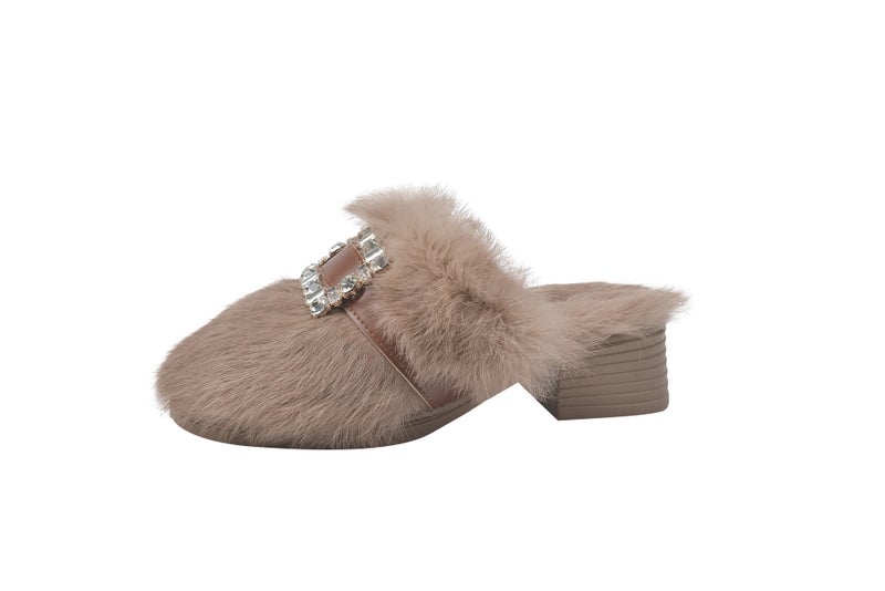 Mao Mao Slippers Women'S Outer Wear Rhinestone Square Buckle Fashionable Thick Heel Elegant Baotou Plush Slippers Women - Image 1
