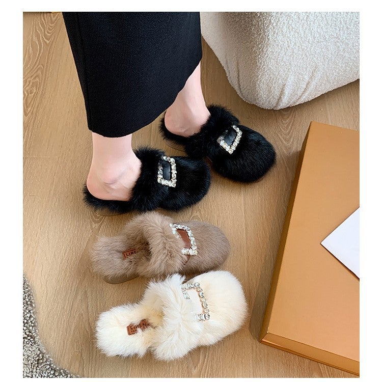 Mao Mao Slippers Women'S Outer Wear Rhinestone Square Buckle Fashionable Thick Heel Elegant Baotou Plush Slippers Women - Image 5