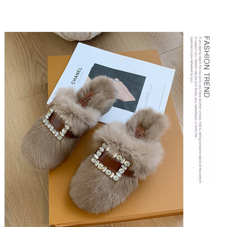Mao Mao Slippers Women'S Outer Wear Rhinestone Square Buckle Fashionable Thick Heel Elegant Baotou Plush Slippers Women - Image 4