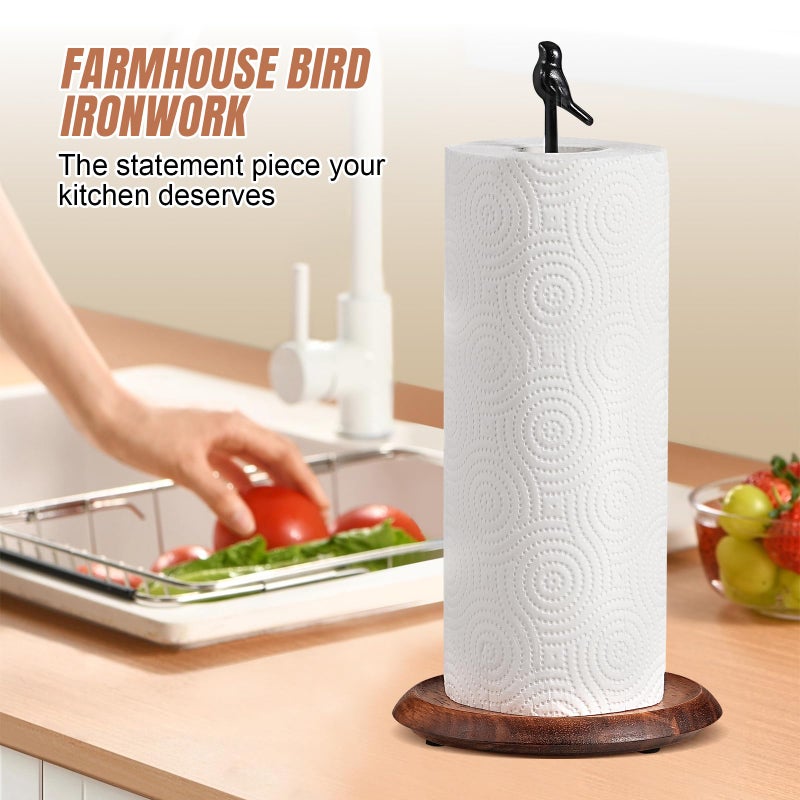 Tocemei Wooden Paper Towel Holder countertop, Stylish Bird Shaped,Solid Wood Base&Iron Top, with Non-Slip Mat, Stable&Durable,Paper Towel Holder Farmhouse Style to Elevate Your Kitchen's DÃ©cor (Black) - Image 2