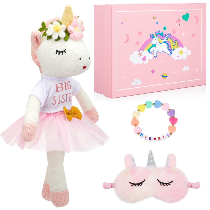 Simgoing 4 Pcs Big Sister Gift Set for Girls 17 Inch Unicorn Stuffed Doll with Outfit Pink Unicorn Gift Box Shimmering Eye Mask Big Sis Bracelet Kids Age 38 Love and Surprise Birthday - Image 3