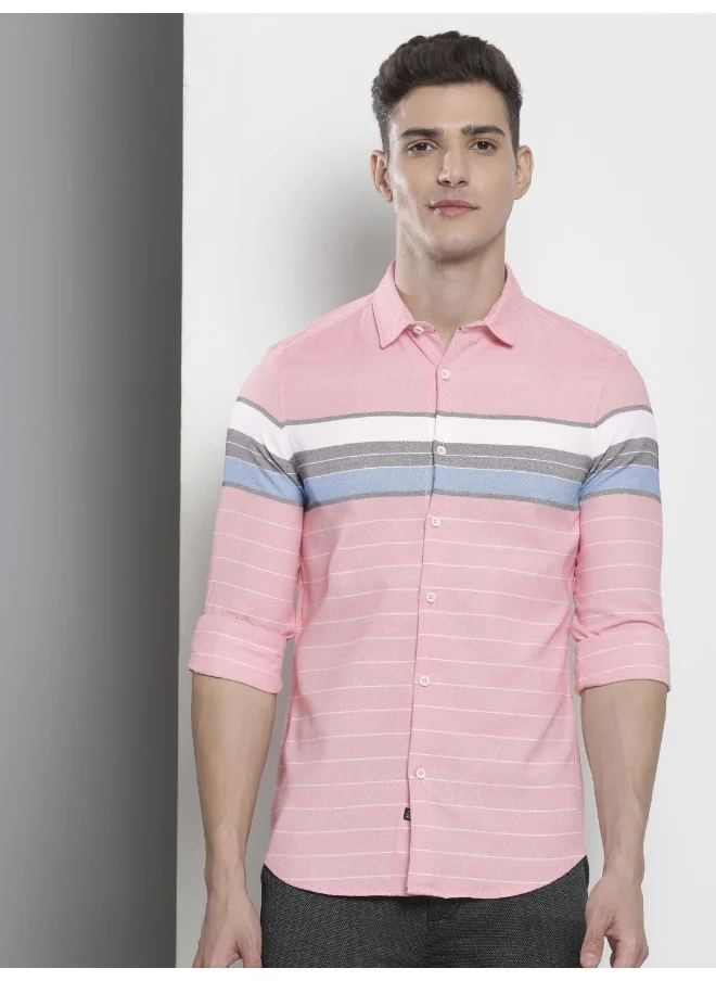 The Indian Garage Co Pink Regular Fit Casual Striped Cutaway Collar Full Sleeves Cotton Shirt