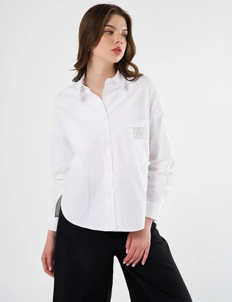 Kayra Hotfix Printed Drop Shoulder Blouse in Optical White