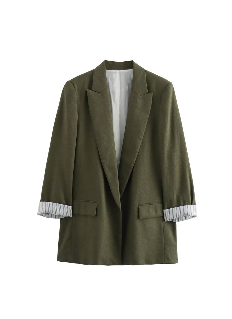 Generic - Linen Wool Blend Roll Sleeve No Button Suit Jacket 2024 Spring Autumn New Product European American Cross-border Womens Fashion Army Green - Image 1