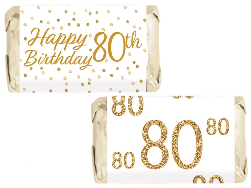 DISTINCTIVS DISTINCTIVS White and Gold 80th Birthday Mini Candy Bar Wrappers - 45 Stickers  - Image 1