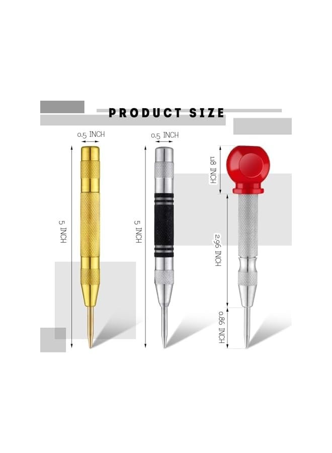 PROMASS 3 Pack Center Punch Spring Loaded Automatic Punch 5 Inches Crushing Hand Tool Center Hole Punch for Wood Metal Awl Puncher with Cushion Cap Adjustable Tension  - Image 3