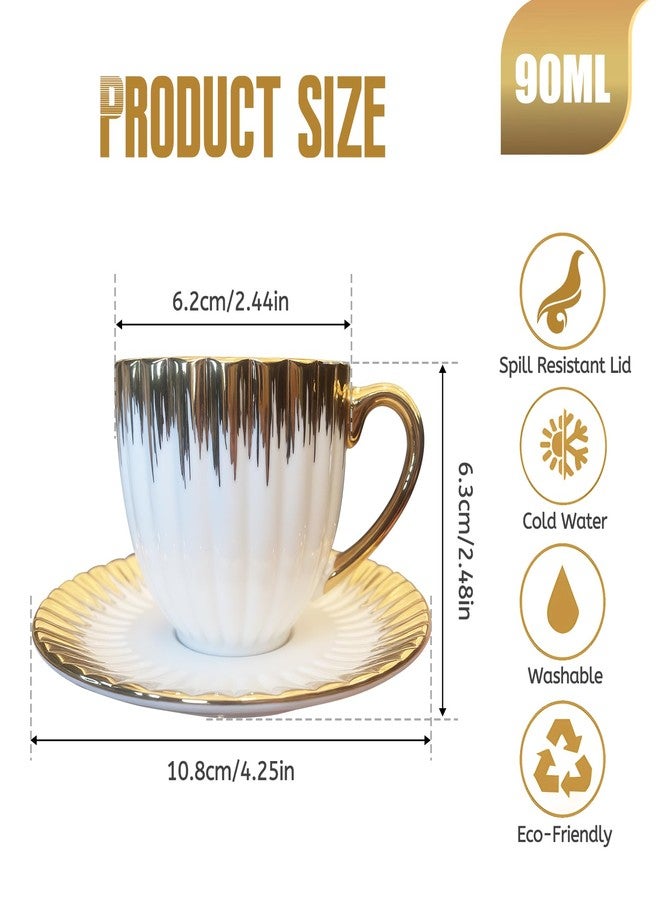 Kytree 3.5oz Ceramic Turkish Coffee Cup Set of 6, British Italian Cappuccino Cups Porcelain Espresso Cups and Saucers with Gold Trim for Double Espresso Cappuccino Latte Mocha Tea - Image 2