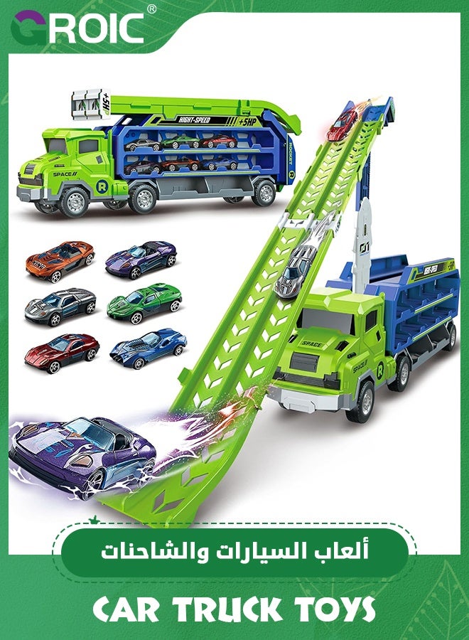 GROIC Racing Car Track Truck Toy,Car Truck Toys,Car Carrier Truck Toys for Kids,Foldable Car Track Sets with 2.8-Ft Race Track and 6 Die-Cast Race Cars, Transport Carrier Trucks  - Image 1