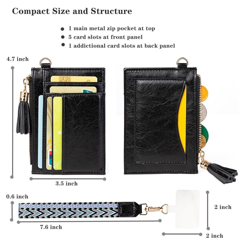 LIYSOYO Small Rfid Card Holder for Women, Slim Credict Card Wallet with Wristlet, Compact Card Holder Wallet with Strap and Zip Pocket (Black) - Image 2
