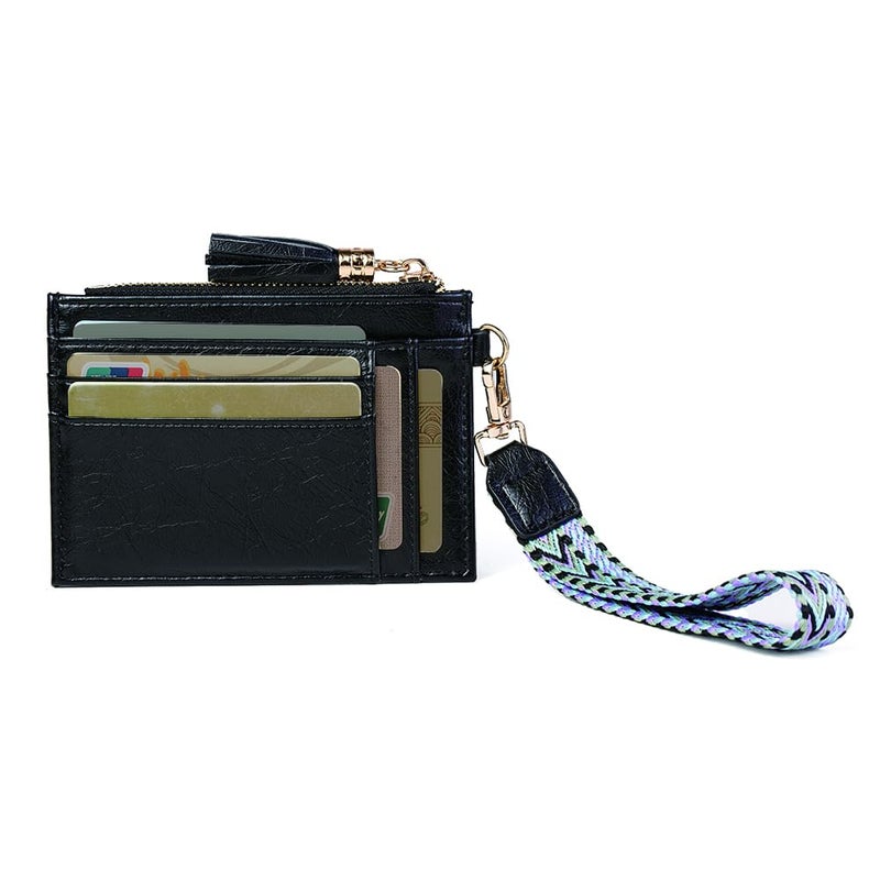 LIYSOYO Small Rfid Card Holder for Women, Slim Credict Card Wallet with Wristlet, Compact Card Holder Wallet with Strap and Zip Pocket (Black) - Image 1
