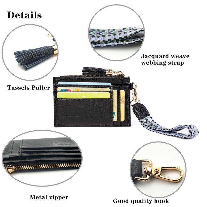 LIYSOYO Small Rfid Card Holder for Women, Slim Credict Card Wallet with Wristlet, Compact Card Holder Wallet with Strap and Zip Pocket (Black) - Image 4