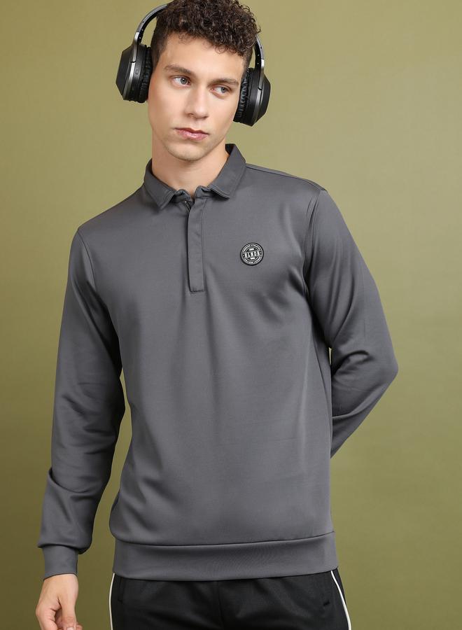 HIGHLANDER Solid Badge Detail Polo Neck Sweatshirt by Styli - Image 1