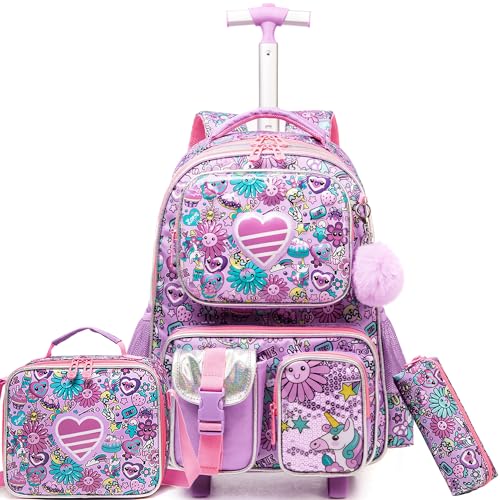 Meetbelify Kids Rolling Backpack with Wheels for Girls Rolling Backpacks with Lunch Box for Elementary School Students 3 in 1 Travel Luggage Suitcase for Girls Age 8-10 - Image 1