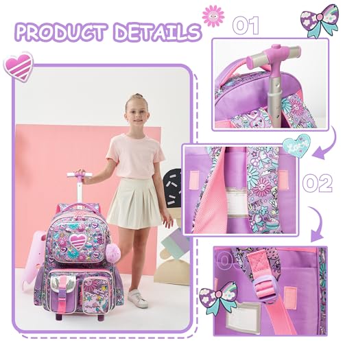Meetbelify Kids Rolling Backpack with Wheels for Girls Rolling Backpacks with Lunch Box for Elementary School Students 3 in 1 Travel Luggage Suitcase for Girls Age 8-10 - Image 4