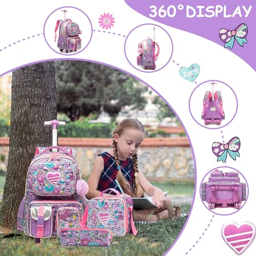 Meetbelify Kids Rolling Backpack with Wheels for Girls Rolling Backpacks with Lunch Box for Elementary School Students 3 in 1 Travel Luggage Suitcase for Girls Age 8-10 - Image 3