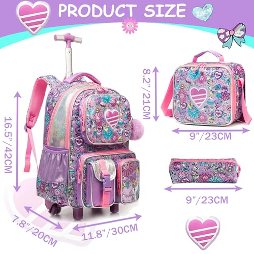 Meetbelify Kids Rolling Backpack with Wheels for Girls Rolling Backpacks with Lunch Box for Elementary School Students 3 in 1 Travel Luggage Suitcase for Girls Age 8-10 - Image 2