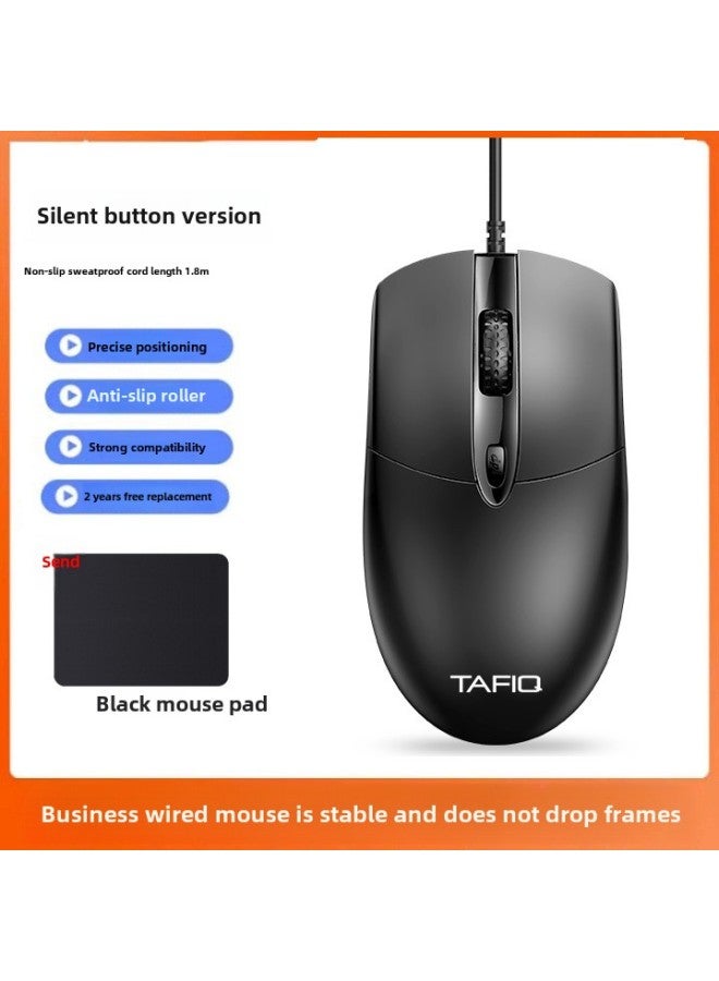 Mouse Wired Usb Mute Silent Home Office Desktop Laptop Cf E-sports Game Lol Male Interface-Color:Black  Silent on/1.8m Cable Length + Mouse Pad - Image 1