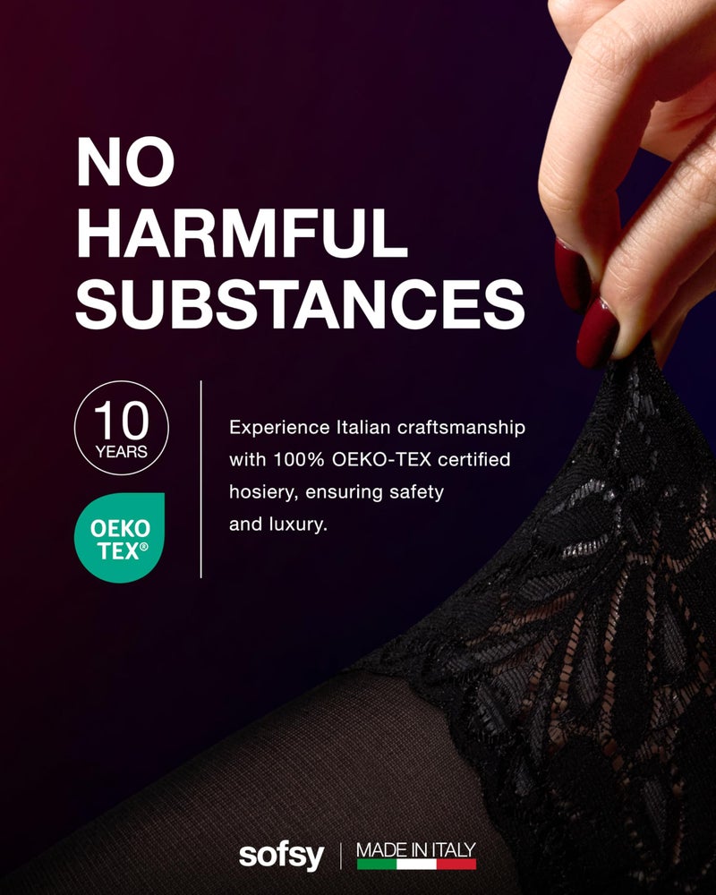 sofsy No-Roll Black Thigh High Stockings for Women - Italian 60 Den Opaque Stay-Up Floral Lace Top Tights | Dual Silicone Band, Silky Smooth - M/L - Image 2