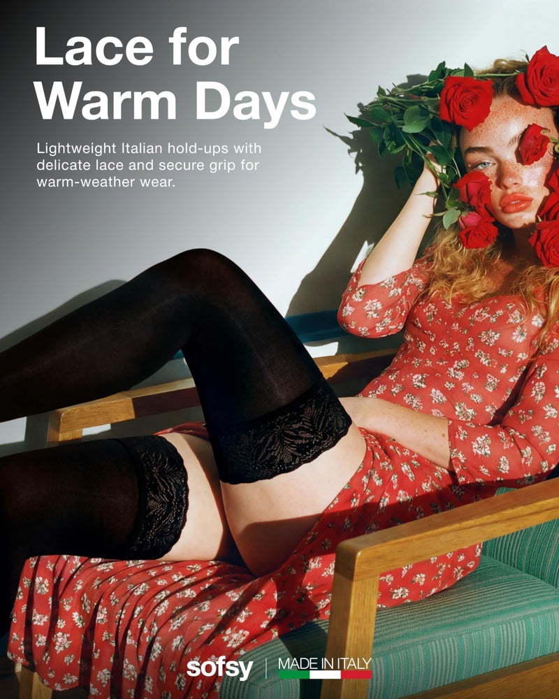 sofsy No-Roll Black Thigh High Stockings for Women - Italian 60 Den Opaque Stay-Up Floral Lace Top Tights | Dual Silicone Band, Silky Smooth - M/L - Image 3
