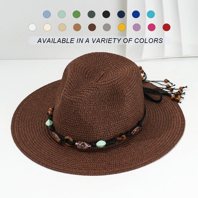 Men's and Women's Western Cowboy Hat Fashion Amber Green Stone Woven Decorative Beach Straw Hat Holiday Sunshade Hat - Image 2