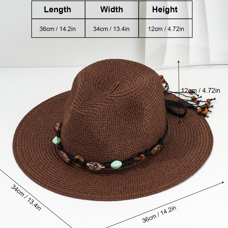Men's and Women's Western Cowboy Hat Fashion Amber Green Stone Woven Decorative Beach Straw Hat Holiday Sunshade Hat - Image 3