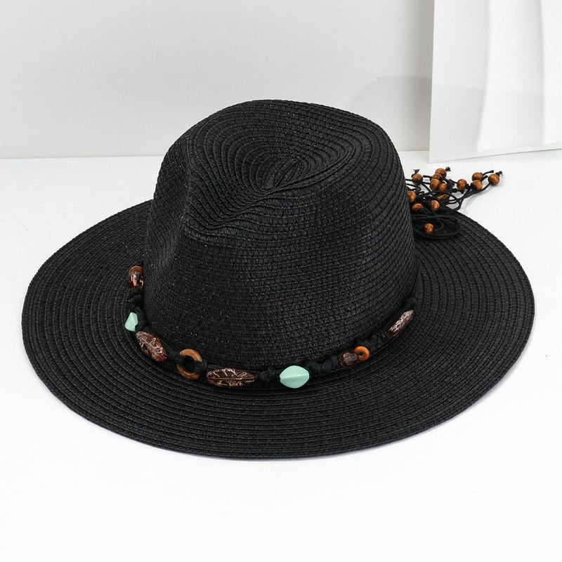 Men's and Women's Western Cowboy Hat Fashion Amber Green Stone Woven Decorative Beach Straw Hat Holiday Sunshade Hat - Image 5