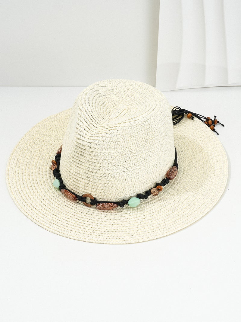 Men's and Women's Western Cowboy Hat Fashion Amber Green Stone Woven Decorative Beach Straw Hat Holiday Sunshade Hat - Image 1