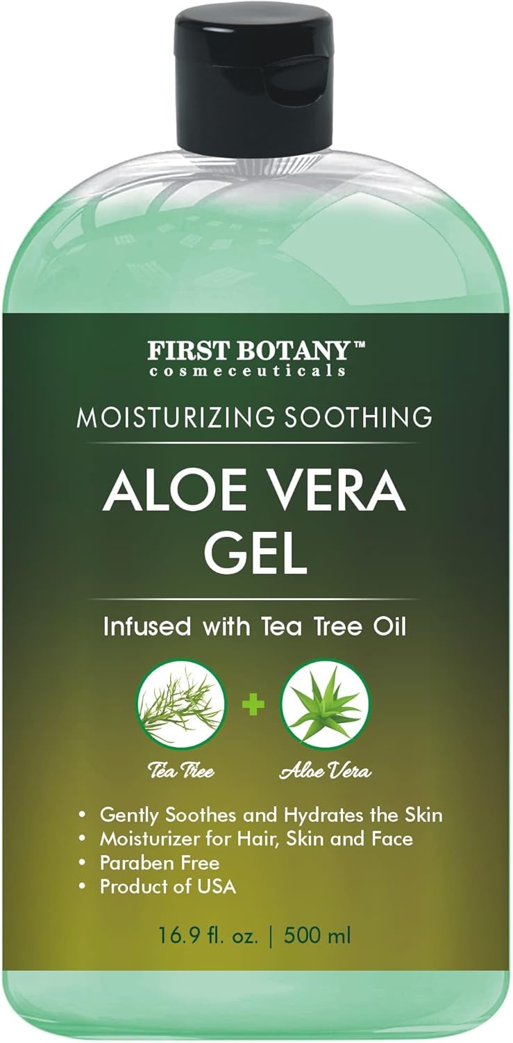 First Botany Aloe Vera Gel from 100 Percent Pure Aloe Infused with Tea Tree Oil  Natural Raw Moisturizer for Hand Sanitizing Gel Skin Care Hair Care Sunburn Acne  Eczema 169 fl oz  500 ml