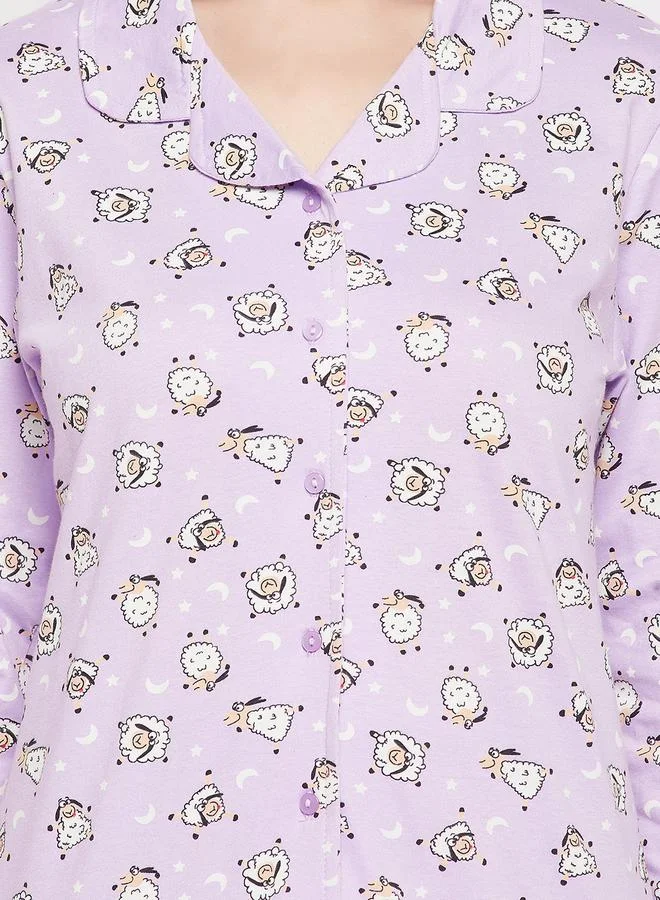 Clovia Clovia Cotton Sheep Print Button Down Shirt and Pyjama Set