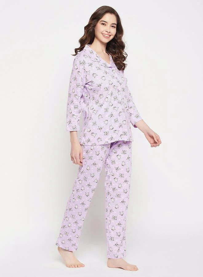 Clovia Clovia Cotton Sheep Print Button Down Shirt and Pyjama Set