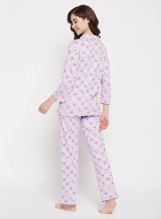 Clovia Clovia Cotton Sheep Print Button Down Shirt and Pyjama Set