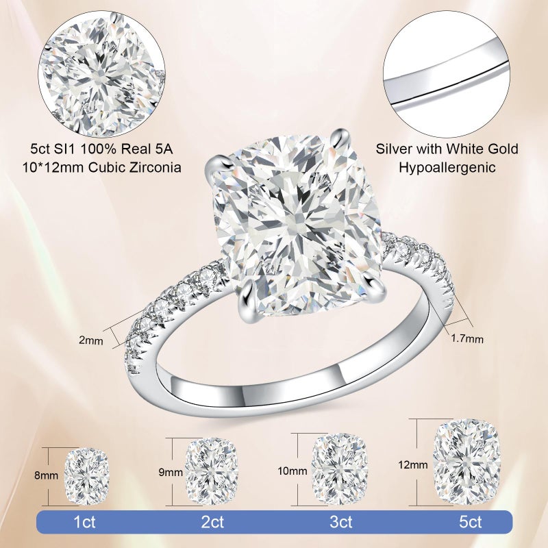 AVECON 5CT Elongated Cushion Cut Engagement Ring for Women, Wedding Promise Cubic Zirconia Band, White Gold Plated Bridal Half Eternity Rings with 4 Prong, Size 7 - Image 3