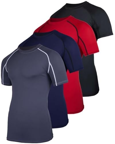 REALESSENTIALS 4 Pack: Mens Short Sleeve Shirts Compression Base Layer Tight Thermal Undershirt Slimming Black Active Fitness Athletic T-Shirt Quick Dry Fit Workout Sports Rashguard Gym Running Top, Set 4,XXL - Image 1