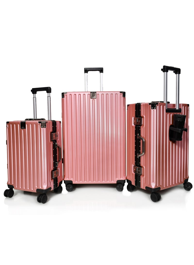 مورانو طقم شنط سفر من مورانو بإطار ألمنيوم بتصميم عصري وأنيق و قفل محكم مرقم للأمان وحامل أكواب وجوال لون روز قولــد مقاسات: 28''-24''-20'' إنش - Image 2