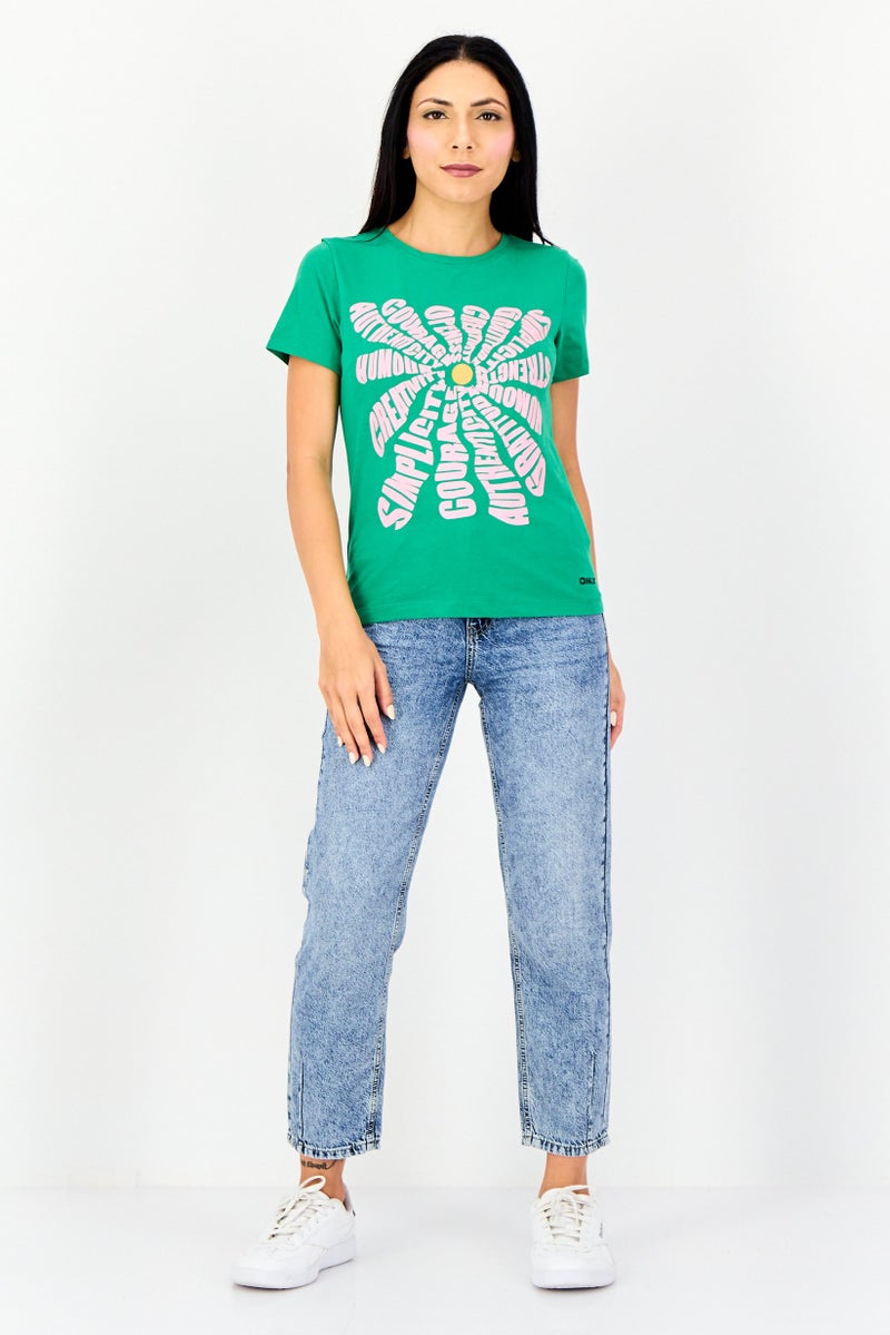 ONLY Women Round Neck Short Sleeve Graphic Print T-Shirt, Green - Image 3