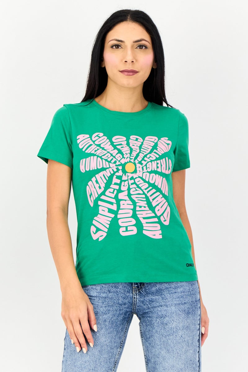 ONLY Women Round Neck Short Sleeve Graphic Print T-Shirt, Green - Image 1