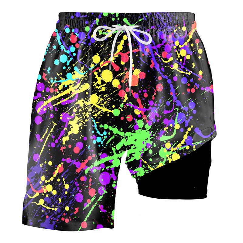 Socira Neon Men's Swim Trunks with Compression Liner Mens 2 in 1 Swimming Trunks Men Bathing Suits Neon Swimsuit 80s Swimwear 7" - Image 1