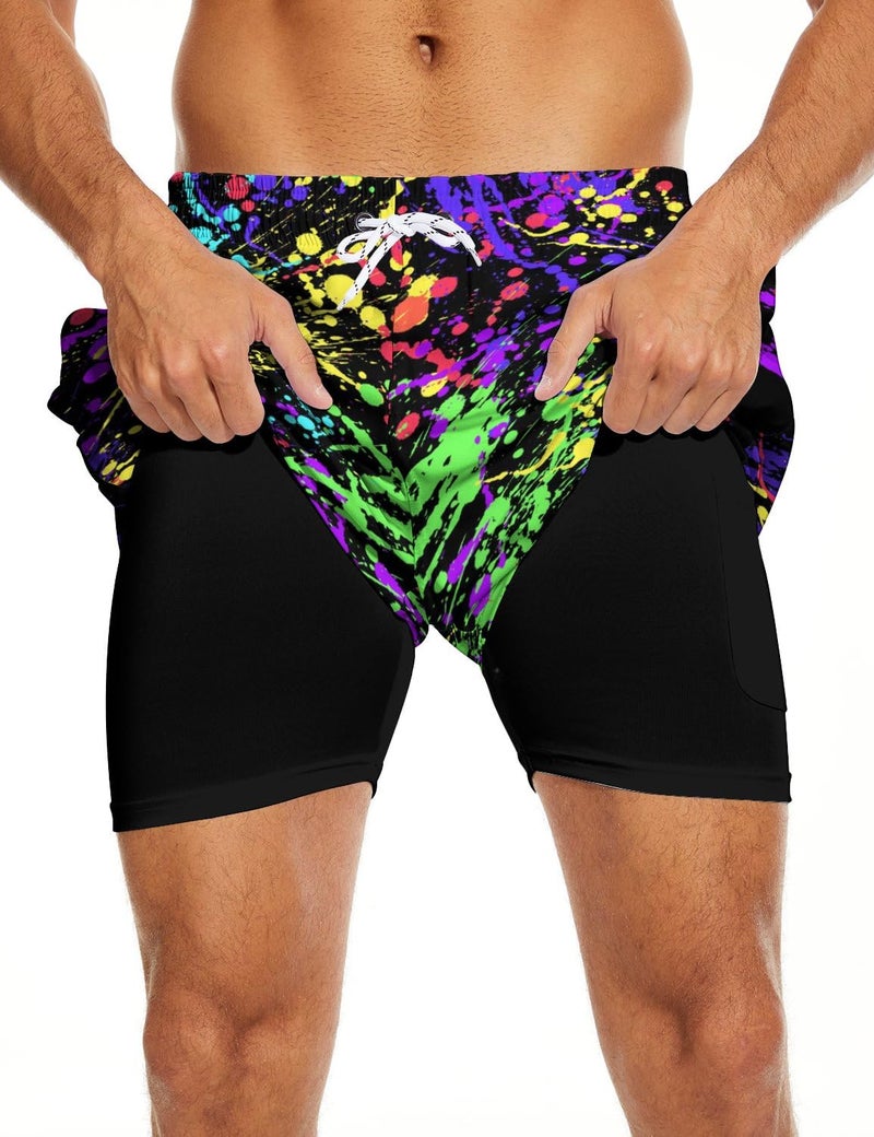 Socira Neon Men's Swim Trunks with Compression Liner Mens 2 in 1 Swimming Trunks Men Bathing Suits Neon Swimsuit 80s Swimwear 7" - Image 4