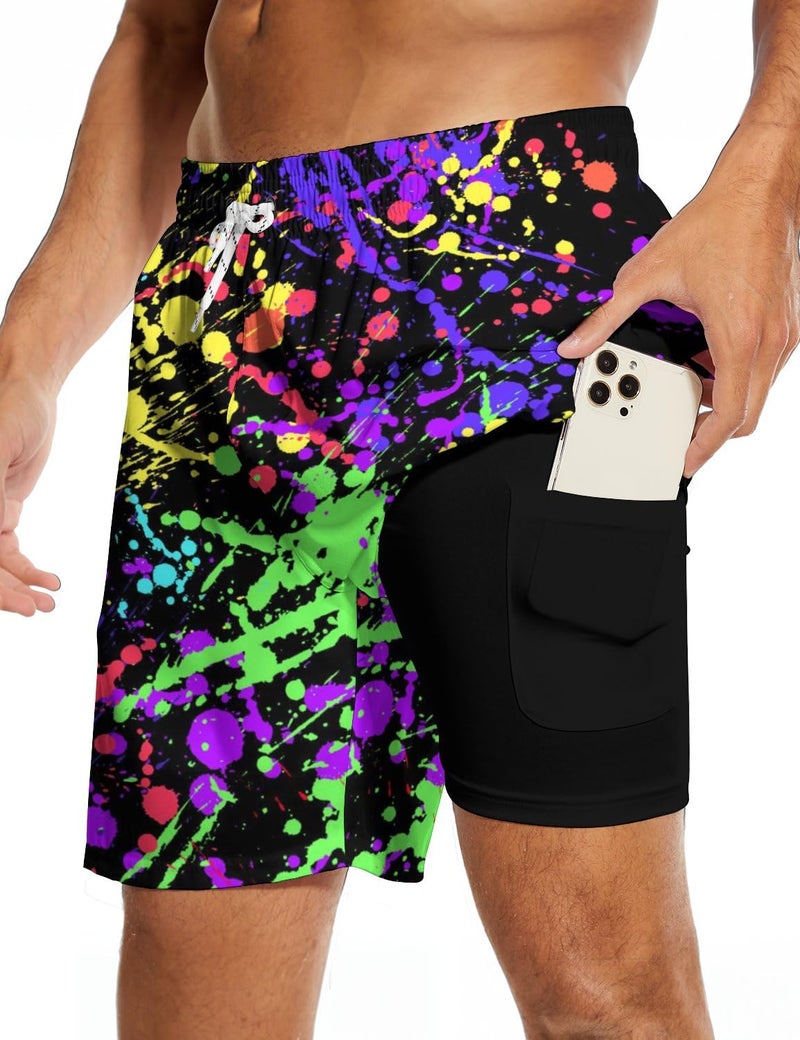 Socira Neon Men's Swim Trunks with Compression Liner Mens 2 in 1 Swimming Trunks Men Bathing Suits Neon Swimsuit 80s Swimwear 7" - Image 2