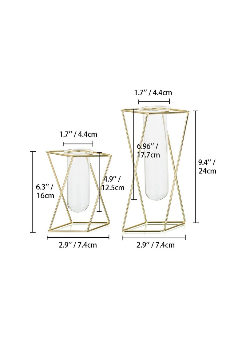 2pcs/Set Modern Frame Cylinder Clear Vase Gold Small + Large Glass Flower Vase with Geometric Metal Rack Stand Centerpiece for Home Office Wedding - Image 5