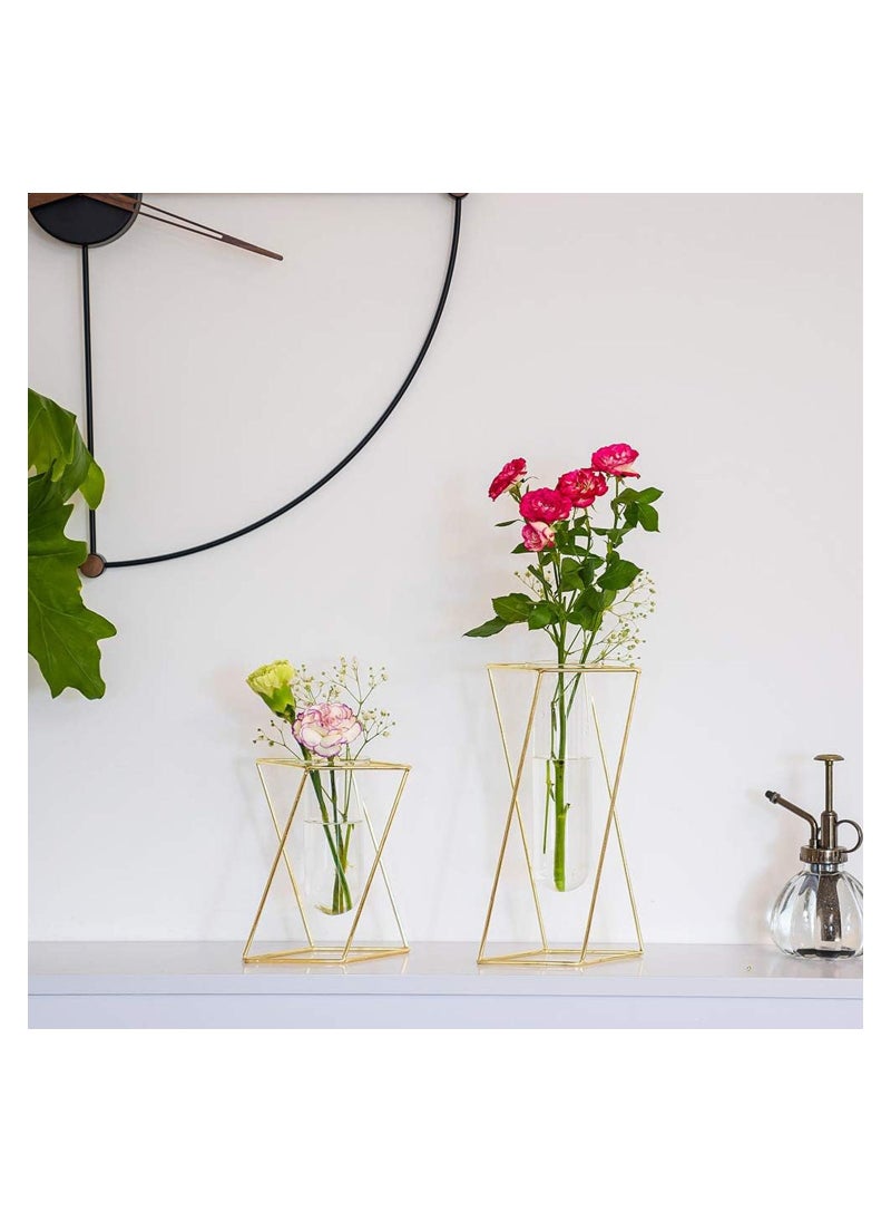 2pcs/Set Modern Frame Cylinder Clear Vase Gold Small + Large Glass Flower Vase with Geometric Metal Rack Stand Centerpiece for Home Office Wedding - Image 2