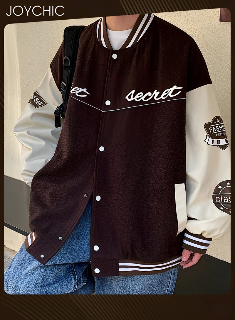 Joychic Classic Trendy Spring and Autumn Warm Cotton Coat Men Button Varsity College Baseball Jacket Casual Embroidered Streetwear Coat Coffee - Image 1