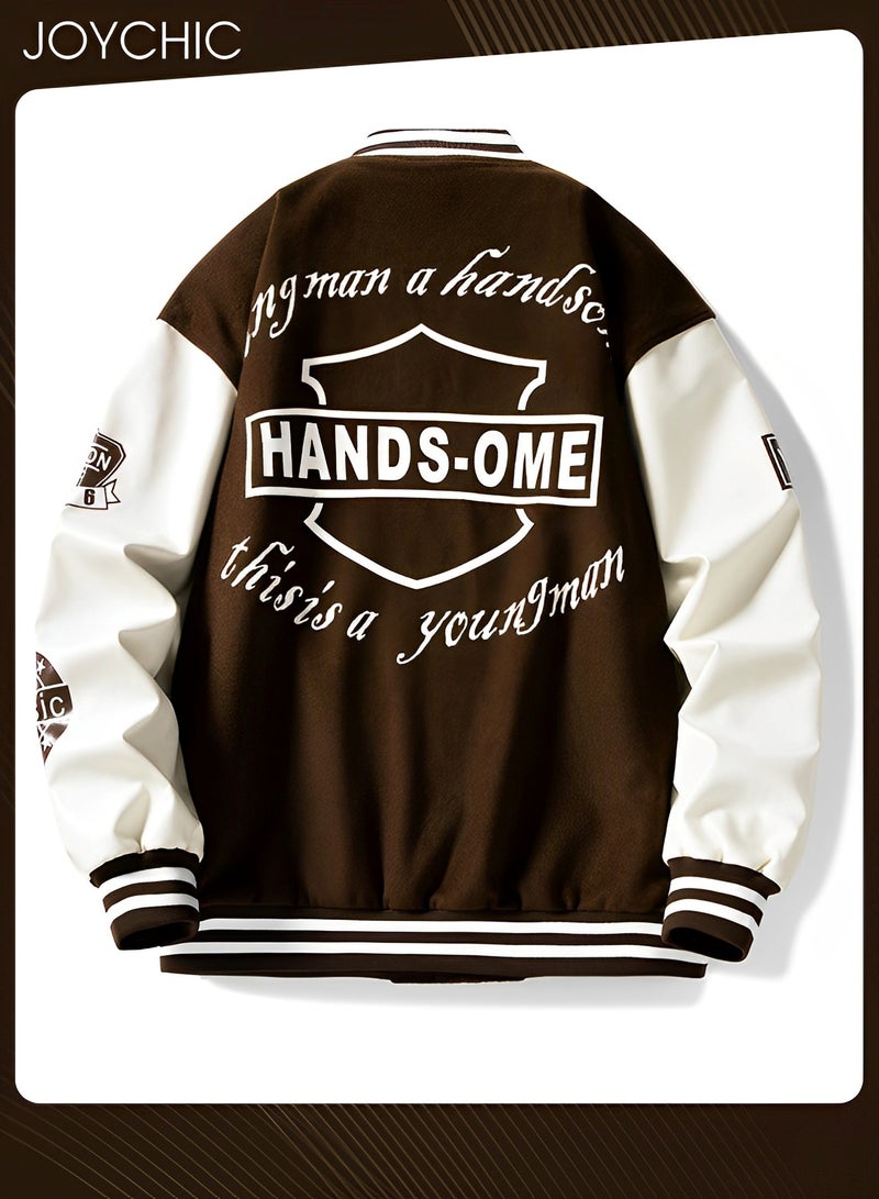 Joychic Classic Trendy Spring and Autumn Warm Cotton Coat Men Button Varsity College Baseball Jacket Casual Embroidered Streetwear Coat Coffee - Image 4