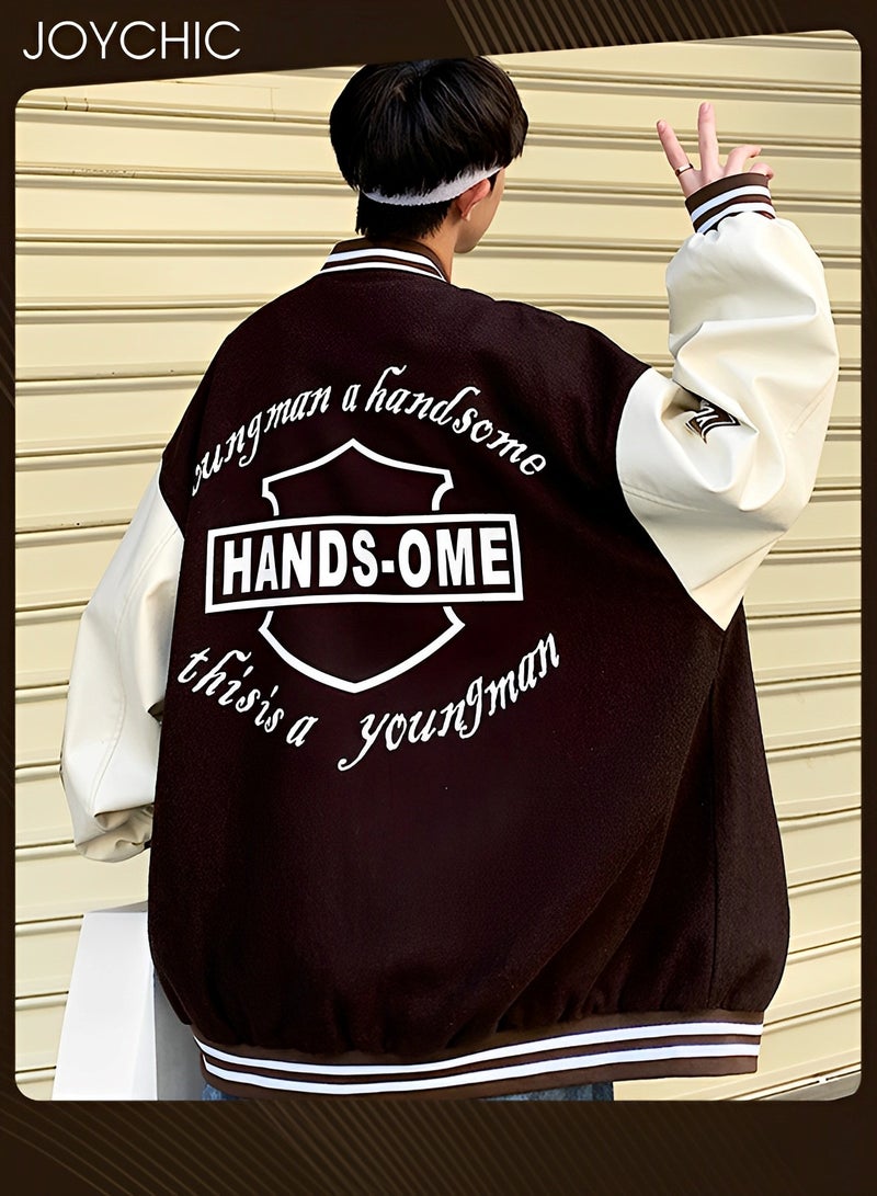 Joychic Classic Trendy Spring and Autumn Warm Cotton Coat Men Button Varsity College Baseball Jacket Casual Embroidered Streetwear Coat Coffee - Image 2