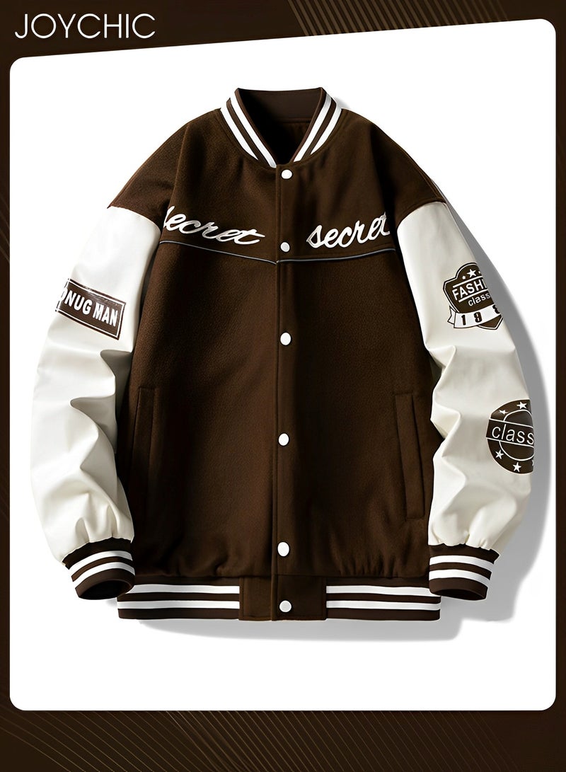 Joychic Classic Trendy Spring and Autumn Warm Cotton Coat Men Button Varsity College Baseball Jacket Casual Embroidered Streetwear Coat Coffee - Image 3