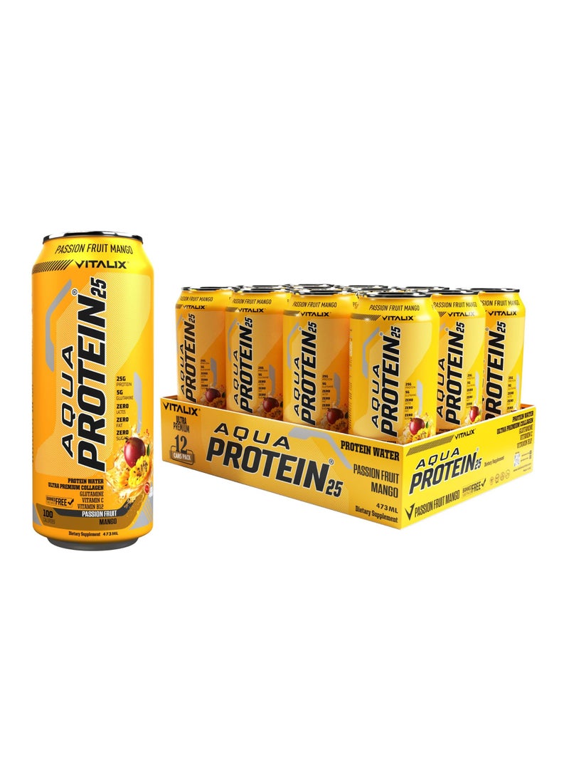 Vitalix Aqua Protein 25 Passion Fruit Mango Protein Water With 25g Protein Collagen, Glutamine 473 Ml Pack of 12 - Image 1