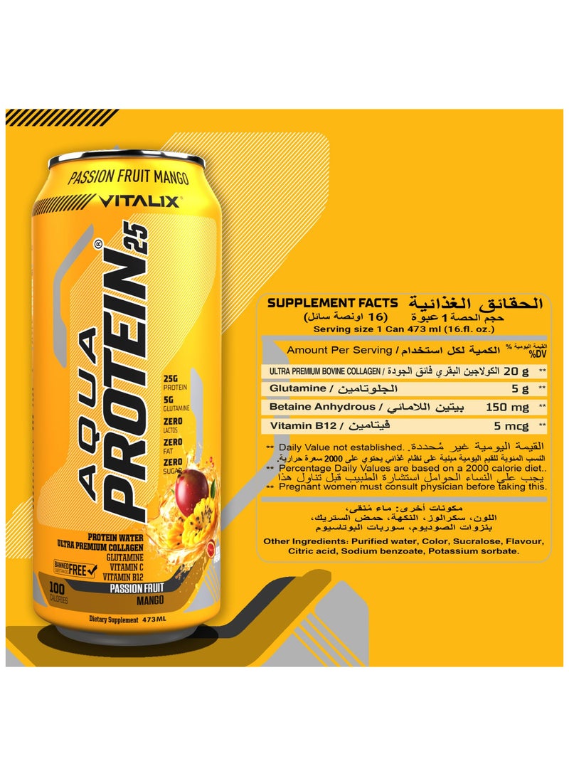 Vitalix Aqua Protein 25 Passion Fruit Mango Protein Water With 25g Protein Collagen, Glutamine 473 Ml Pack of 12 - Image 3