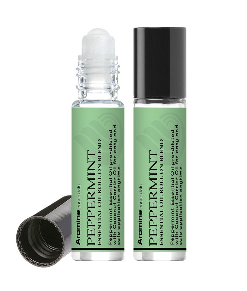 Aromine Peppermint Essential Oil Roll On, Pre-Diluted 10ml (Pack of 2). Premium Quality, Therapeutic Grade Topical Ready Aromatherapy Oil - Image 1