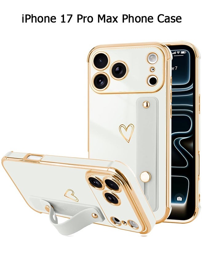 Wffo Compatible with iPhone 17 Pro Max Case - Adjustable Wrist Strap Kickstand - Cute Heart Luxury Gold Plating Bumper - Raised Edges Shockproof Protection for iPhone 17 Pro Max - Women Men Protective Case Cover - White - Image 1