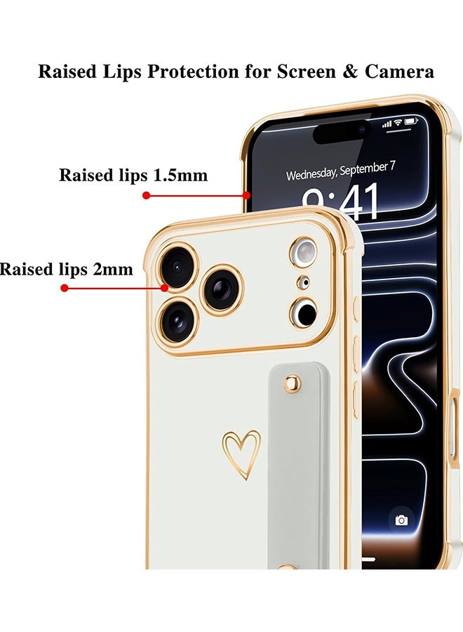 Wffo Compatible with iPhone 17 Pro Max Case - Adjustable Wrist Strap Kickstand - Cute Heart Luxury Gold Plating Bumper - Raised Edges Shockproof Protection for iPhone 17 Pro Max - Women Men Protective Case Cover - White - Image 3
